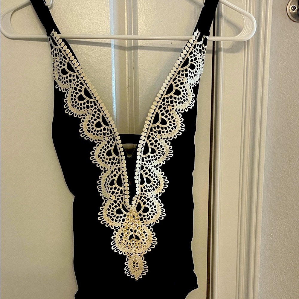 Black Swimsuit with Cream Detail